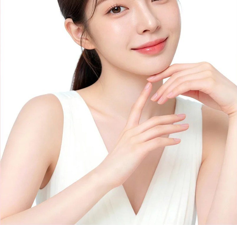 턱을 괴고 미소 짓는 여성 모델
