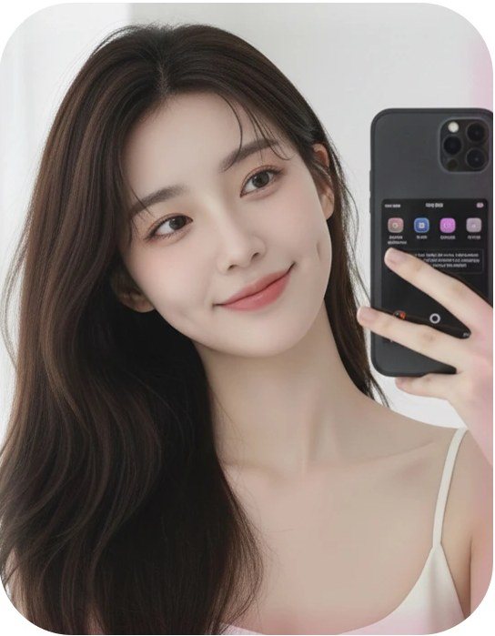 보조개가 있는 여성 모델이 스마트폰 거울 셀카를 찍는 모습