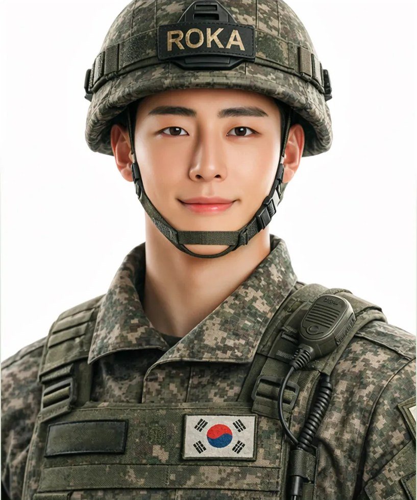 군복과 헬멧을 착용한 남성 모델의 상반신 인물 사진