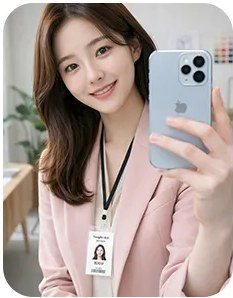 사원증을 걸고 스마트폰을 든 여성