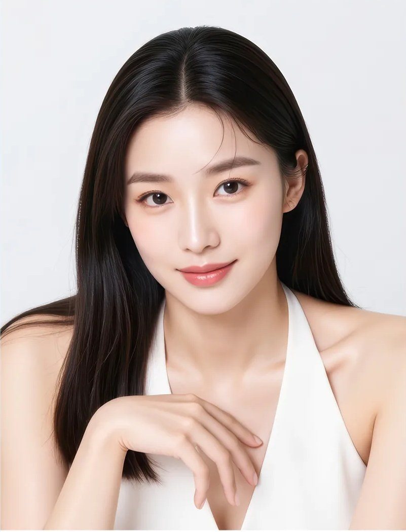 흰색 의상을 입고 미소 짓고 있는 여성의 상반신 사진