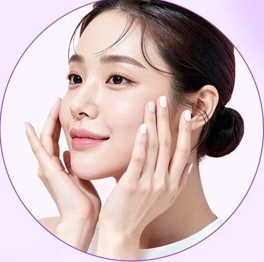 얼굴에 손을 얹고 미소 짓는 여성