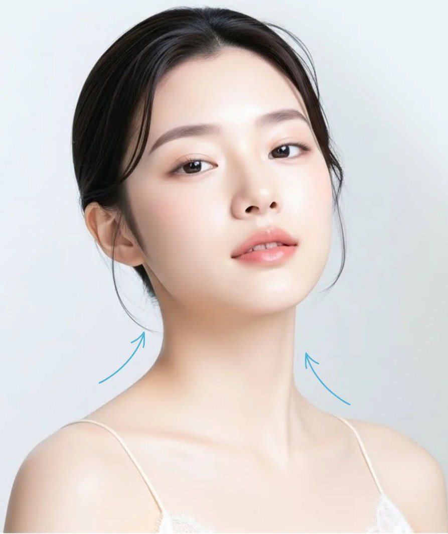 목과 턱 라인을 드러낸 여성 모델