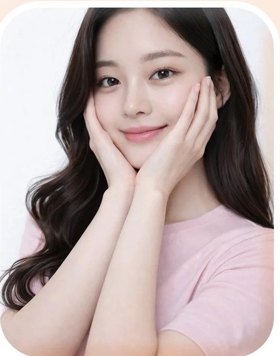 얼굴에 손을 얹고 미소 짓는 여성 모델 사진