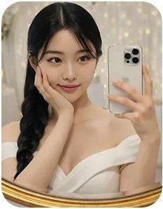거울을 보며 미소 짓는 여성
