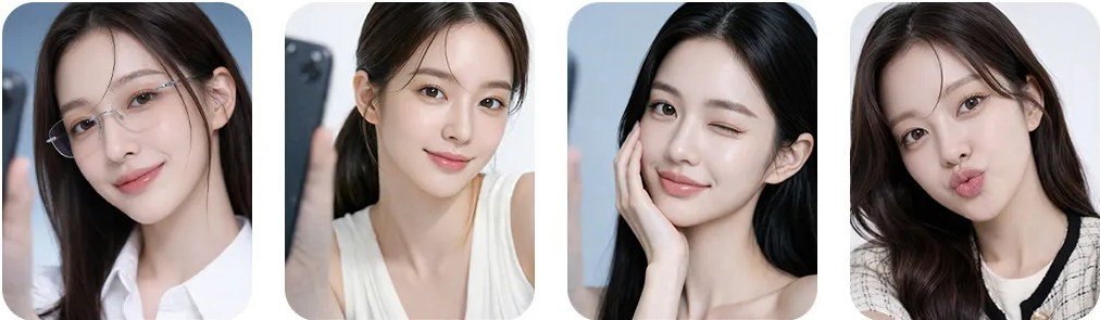 다양한 표정과 스타일로 셀카를 찍는 여성 모델 4컷