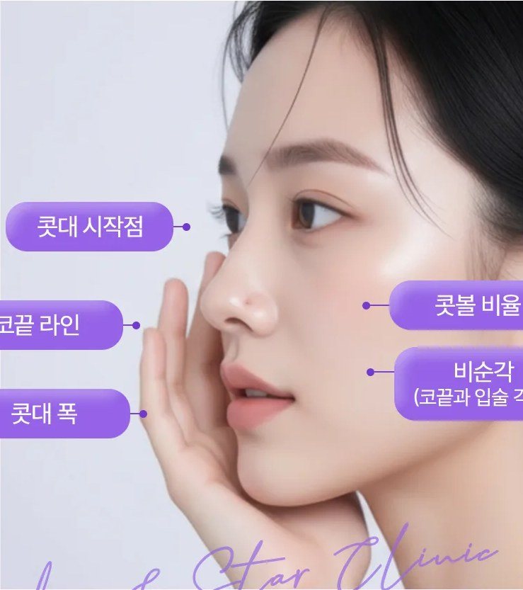 얼굴 옆모습을 보여주며 코 부위별 명칭을 설명하는 여성 사진